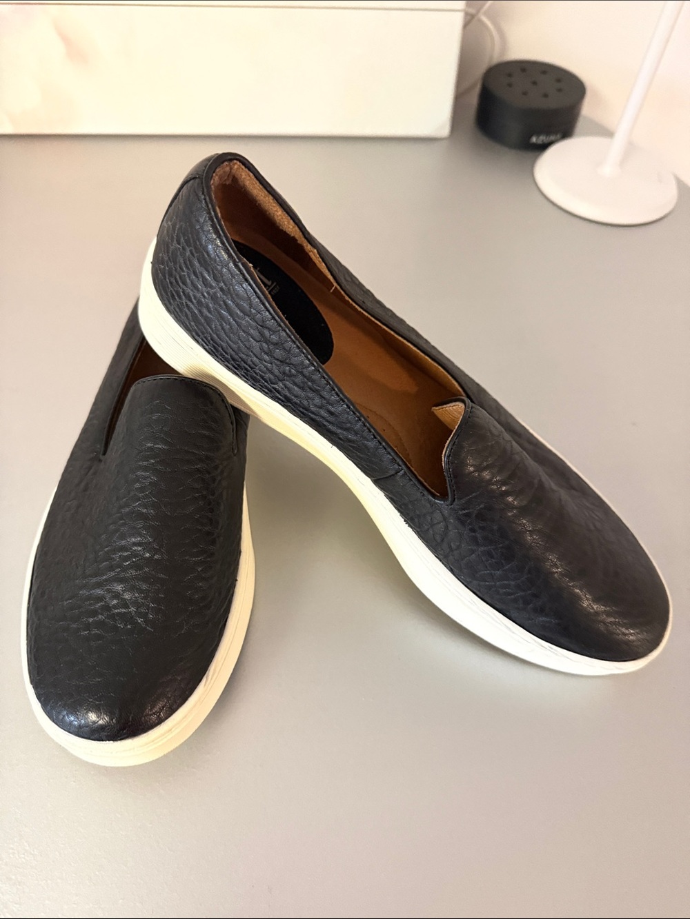Sofft Black Textured Leather Slip-On Sneakers with White Sole Size 9